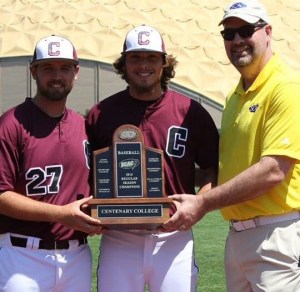 Jake McFarland (left) and Taylor Henry (center) accepting the SCAC regular season conference championship, April 26, 2015, Shreveport, Louisiana.